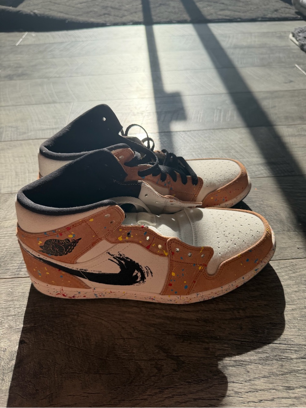 Nike Mid-Top Sneakers in White, Tan, Black with Paint-Splatter Detail